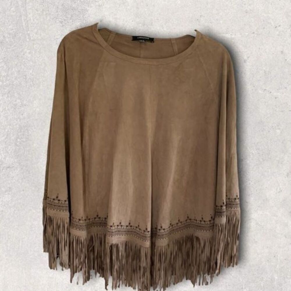 Tan LaMarque Ely Suede Poncho W/Fringe Trim, M